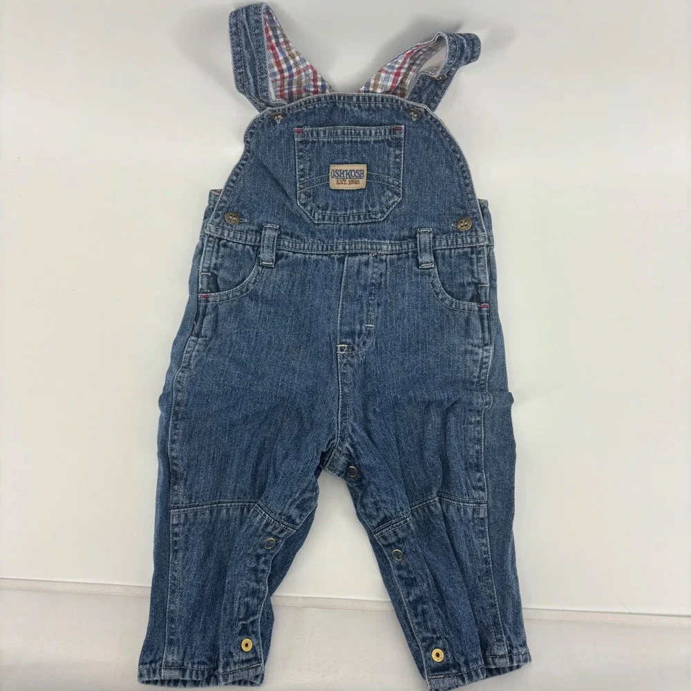 OshKosh B'gosh‎ Baby Denim Overalls Plaid Lining Size L 6/9 Months